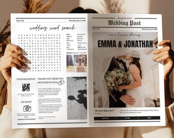 Editable Wedding Newspaper Program Template, Printable Minimalist Wedding Magazine Cover,  Wedding Table Brochure, Wedding Poster Monochrome