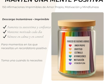 150 Afirmaciones Imprimibles | Frasco de Positividad | Miłość propio, wdzięczność, motywacja i uważność (PDF)
