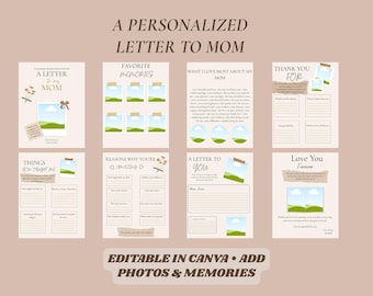 Plantilla de carta personalizada para mamá, libro de recuerdos editable en Canva, regalo imprimible del Día de la Madre de parte de su hija.