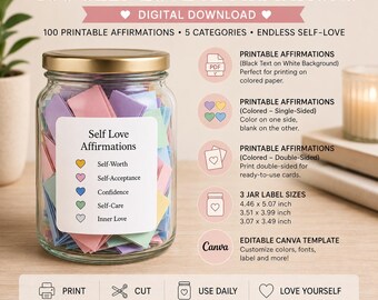 Frasco de afirmaciones de amor propio imprimible, 100 afirmaciones de amor propio, tarjetas de afirmaciones positivas, regalo de autocuidado, frasco de afirmaciones imprimible