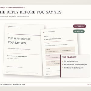 Peut inclure: Un guide numérique intitulé The Reply Before You Say Yes, proposant des scripts de messages pour les personnes surchargées. Le document contient 20 situations réelles et 60 réponses prêtes à l'emploi, sous forme de PDF de 26 pages au format US Letter.