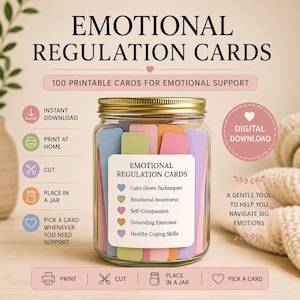 May include: A glass jar with a gold lid filled with colorful rectangular cards labeled Emotional Regulation Cards. The label lists categories including Calm Down Techniques, Emotional Awareness, Self-Compassion, Grounding Exercises, and Healthy Coping Skills, each marked with a small heart icon.