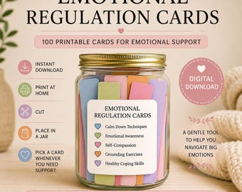 Emotionele kaarten om te printen, kaarten om mee om te gaan, kalmeerkaarten, aardingskaarten, zelfzorgkaarten, mindfulness-gevoelensdeck, ondersteuningsgids voor volwassenen, tieners