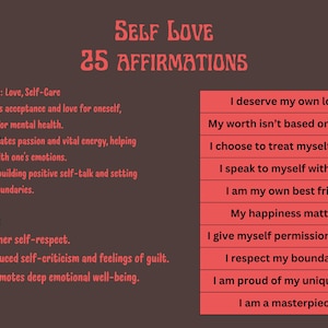 K&ouml;nnte beinhalten: Braune Grafik mit den Worten "Self Love 25 Affirmations" in Rot. Die Grafik enth&auml;lt eine Liste von Affirmationen in einem roten Feld, wie z. B. "Ich verdiene meine eigene Liebe". Der Text listet auch Vorteile auf.