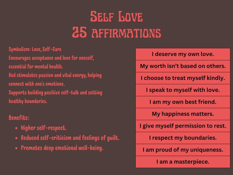 K&ouml;nnte beinhalten: Braune Grafik mit den Worten "Self Love 25 Affirmations" in Rot. Die Grafik enth&auml;lt eine Liste von Affirmationen in einem roten Feld, wie z. B. "Ich verdiene meine eigene Liebe". Der Text listet auch Vorteile auf.