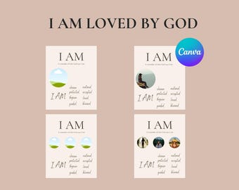 Decoración de pared cristiana personalizada, póster imprimible "Soy amada por Dios", plantilla editable de Canva, regalo religioso para mujeres.