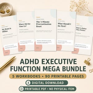 ADHD Executive Function Workbook Bundle, 5 Printable PDFs for Task Paralysis, Time Blindness, Perfectionism & Overwhelm