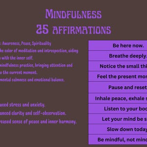 K&ouml;nnte beinhalten: Braune Grafik mit den Worten "MINDFULNESS" und "25 AFFIRMATIONS" in Lila. Das Bild listet Affirmationen und Vorteile von Achtsamkeit auf, wie z. B. die Reduzierung von Stress und Angst. Die Farbe Lila wird im gesamten Bild verwendet.