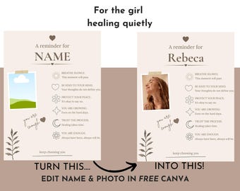 Póster personalizado de mindfulness, regalo personalizado de autocuidado para mujeres, plantilla editable de Canva, imprimible Healing Girl, decoración para aliviar la ansiedad