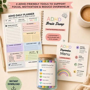 May include: A digital ADHD printable bundle featuring an ADHD daily planner, a brain dump notebook, a dopamine menu, and an ADHD focus jar. The documents include text such as ADHD Printable Bundle, 4 Printables Included, and ADHD Focus Jar. The set is designed for US letter size 8.5 x 11 inches, offering tools to support focus, motivation, and organization.