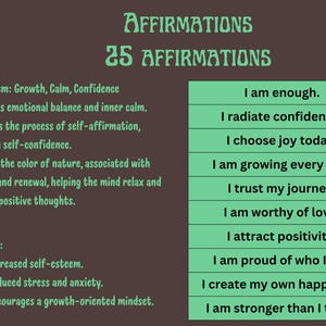 K&ouml;nnte beinhalten: Brauner Hintergrund mit den gr&uuml;nen Worten "AFFIRMATIONS" und "25 AFFIRMATIONS". Eine gr&uuml;ne Box listet Affirmationen wie "Ich gen&uuml;ge" und "Ich strahle Selbstvertrauen aus". Text beschreibt Symbolik, Vorteile und die Farbe Gr&uuml;n.