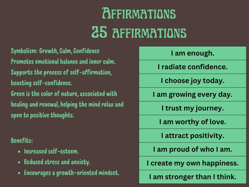K&ouml;nnte beinhalten: Brauner Hintergrund mit den gr&uuml;nen Worten "AFFIRMATIONS" und "25 AFFIRMATIONS". Eine gr&uuml;ne Box listet Affirmationen wie "Ich gen&uuml;ge" und "Ich strahle Selbstvertrauen aus". Text beschreibt Symbolik, Vorteile und die Farbe Gr&uuml;n.