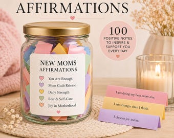 Regalo de apoyo posparto, Frasco de afirmaciones para mamás primerizas imprimible, 100 afirmaciones positivas para madres, Autocuidado para mamás, Regalo para baby shower en PDF