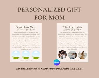 Regalo personalizado para mamá, "Lo que más me gusta de mi mamá" (imprimible), póster fotográfico personalizado, plantilla editable de Canva, regalo para el Día de la Madre.