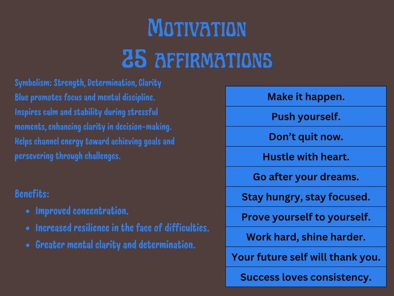 K&ouml;nnte beinhalten: Motivationsgrafik mit den Worten "Motivation" und "25 Affirmationen" in Blau. Der Text beschreibt die Symbolik von St&auml;rke und Entschlossenheit und listet Affirmationen wie "Make it happen" und "Push yourself" auf.