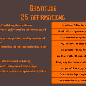 K&ouml;nnte beinhalten: Braune Grafik mit dem Wort &bdquo;Gratitude&ldquo; und &bdquo;25 Affirmations&ldquo; in Orange. Das Bild listet die Vorteile von Dankbarkeit und Affirmationen wie &bdquo;Ich bin dankbar f&uuml;r heute&ldquo; und &bdquo;Dankbarkeit ver&auml;ndert alles&ldquo; auf.