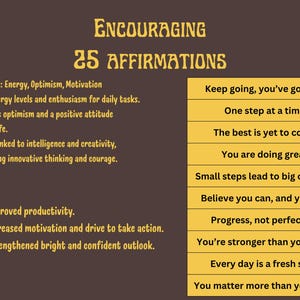 K&ouml;nnte beinhalten: Braune Grafik mit den Worten &bdquo;Ermutigende 25 Affirmationen&ldquo; in einer dekorativen Schriftart. Der Text listet Vorteile wie verbesserte Produktivit&auml;t und erh&ouml;hte Motivation auf, mit Affirmationen wie &bdquo;Mach weiter, du schaffst das!&ldquo;