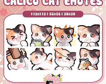 May include: Nine different animated emotes featuring a calico cat with different expressions. The emotes are in a grid format and include expressions like smiling, holding a pencil, and drinking boba tea.
