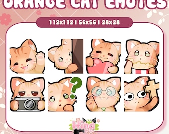 May include: Set of nine orange cat emotes with different expressions. The emotes are in a grid of three rows and three columns. The emotes are all in a cartoon style and have large eyes and small mouths. The emotes are all different sizes, but they are all approximately 56x56 pixels. The emotes are all on a white background. The text "112x112 | 56x56 | 28x28" is at the top of the image. The text "Hina" is at the bottom of the image. The text "by strawberryhina" is at the bottom of the image.