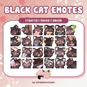 May include: A set of 18 black cat emoticons with different expressions, including winking, surprised, and holding a heart. The emoticons are in a grid format and are available in three sizes: 112x112, 56x56, and 28x28. The text "Black Cat Emotes" is at the top of the image, and the text "Hina" is at the bottom of the image.