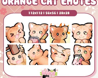 May include: Nine orange cat emoticons with different expressions. The emoticons are in a grid of three rows and three columns. The emoticons are all in a cartoon style and have large eyes and small mouths. The emoticons are all different sizes, with the largest being 112x112 pixels, the medium being 56x56 pixels, and the smallest being 28x28 pixels. The emoticons are all on a white background.