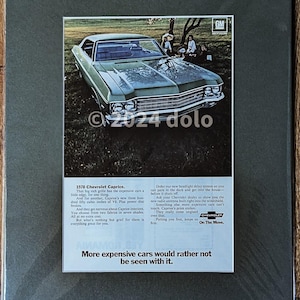 Vintage 1970 Chevrolet Caprice Classic Car 70s  Magazine Ad Matted Paper Print Wall Art Home Decor Retro Gift Original Collectible Man Cave