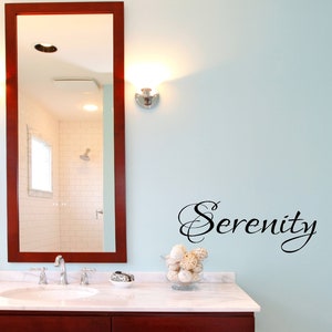 May include: A bathroom vanity with a white marble countertop and dark wood cabinets. The vanity has a large mirror above it and a single sink. The wall is painted a light blue color and has the word "Serenity" written on it in black cursive.