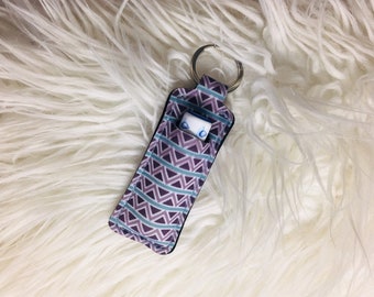 Teal and Grey Print Chapstick Holder Keychain