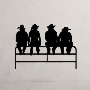 Cowboy-Cowgirls Sitting On Fence Vinyl Decal - Cowboys - Western - Cowgirls - Vinyl Decal - Wall Vinyl