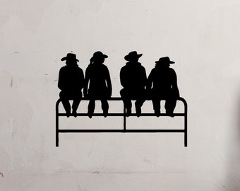 Cowboy-Cowgirls Sitting On Fence Vinyl Decal - Cowboys - Western - Cowgirls - Vinyl Decal - Wall Vinyl