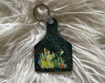 Cactus with Leopard Print Cow Tag Keychain