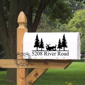 May include: White mailbox with a black vinyl decal of a forest scene with deer and the text "5208 River Road".