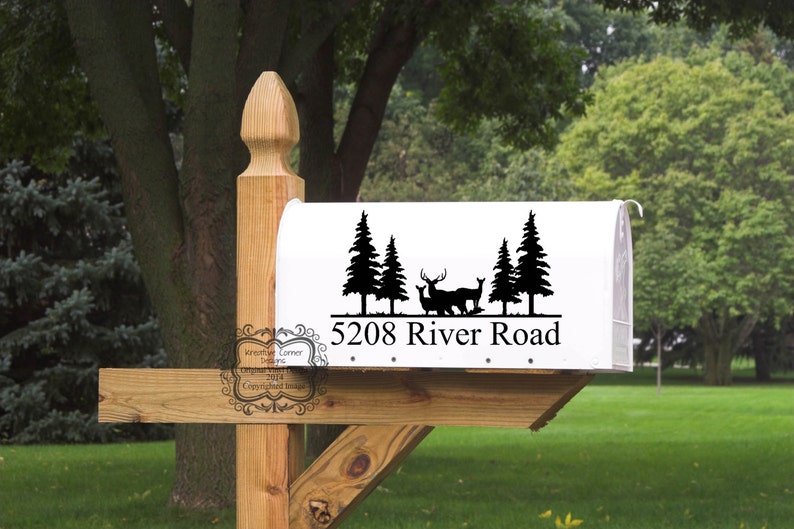 May include: White mailbox with a black vinyl decal of a forest scene with deer and the text "5208 River Road".