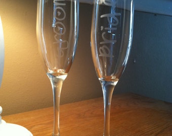 Groom & Bride Etched Champagne Flute