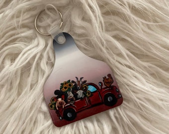 Farm Animal Truck Print Cow Tag Keychain