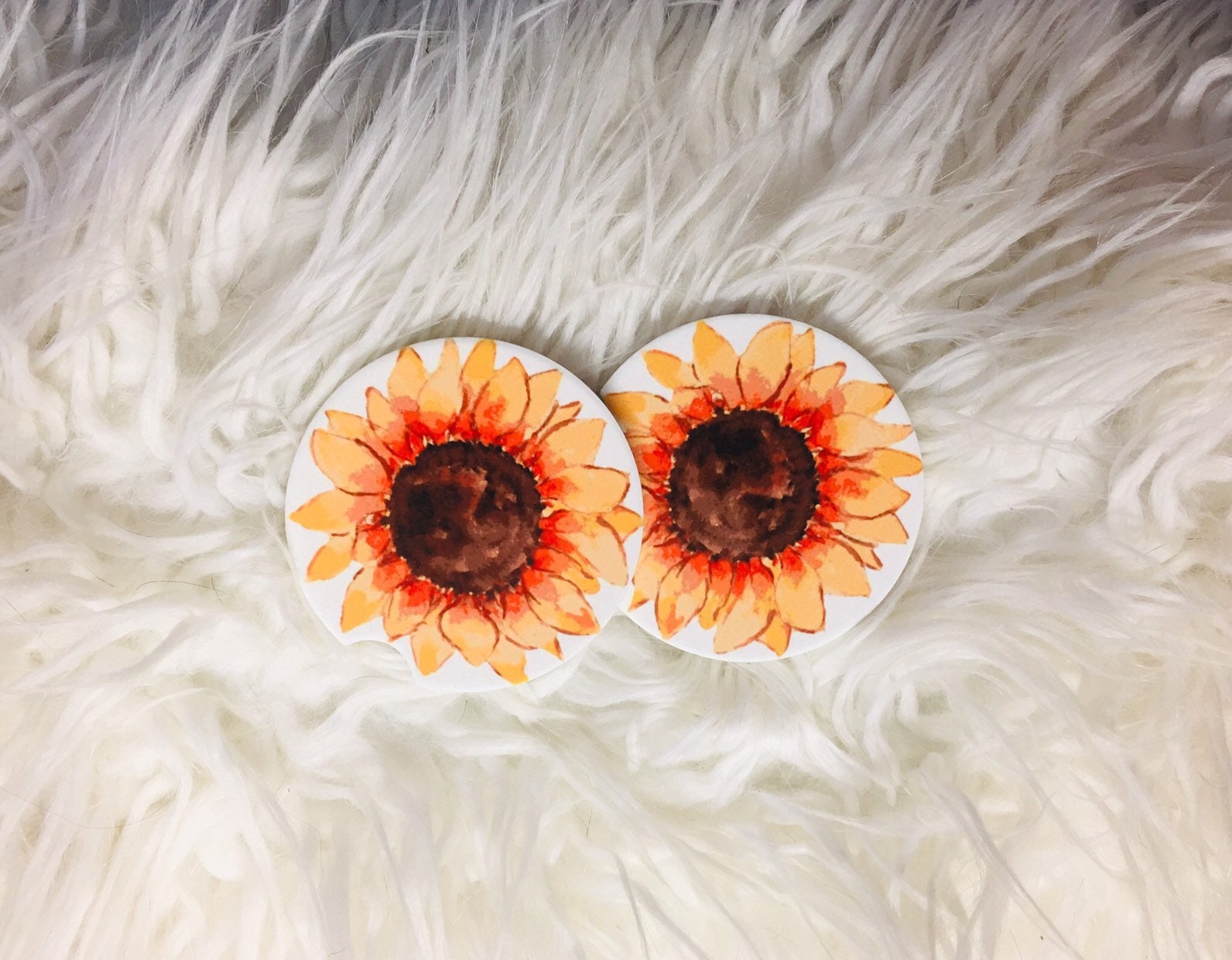 Set of 2 Simulated Oil Painting Autumn Sunflower Sandstone Car Coasters