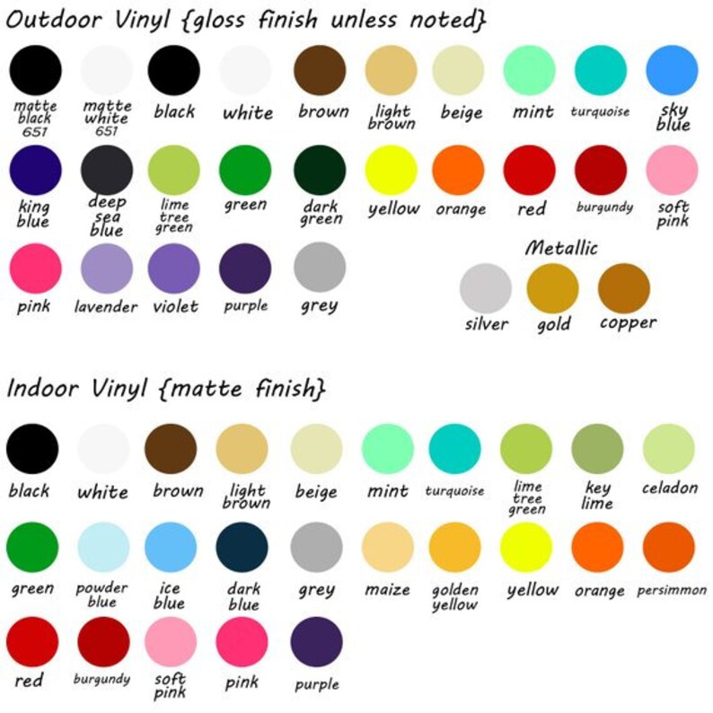 May include: A chart showing different colors of vinyl for indoor and outdoor use. The chart is divided into two sections, one for indoor vinyl and one for outdoor vinyl. Each section has a list of colors with their names. The colors are arranged in a grid pattern. The chart also includes the words "matte finish" and "gloss finish" to indicate the type of finish for each color.