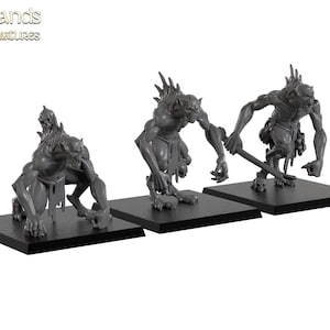 May include: Three grey monster figurines on black bases. The monsters have a humanoid form with sharp claws, spiky protrusions, and tattered clothing. One is kneeling, one is standing, and one is holding a weapon. The Highlands Miniatures logo is in the top left.