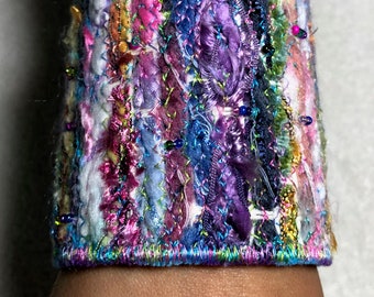 Pastel Rainbow Cuff/Bracelet Reversible  with Machine Embroidery and Bead Embellishments Metal Free