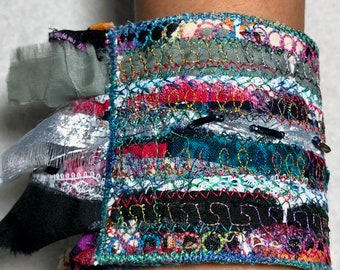 Fringy Flare Cuff/Bracelet Metal Free Fabric Woven with Bead Embellishments