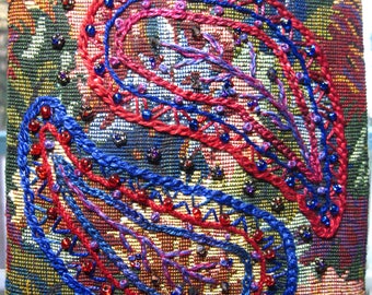 Red and Blue Paisleys Hand Embellished Tapestry Bag/Purse