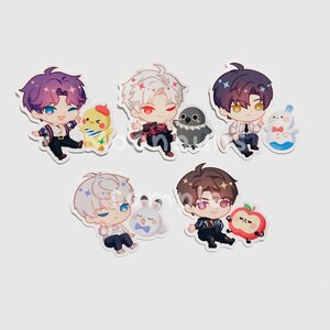 May include: A collection of anime-style stickers featuring chibi characters with various hair colors and outfits. Each character is paired with a small animal or object, such as a chick, raven, or apple. The stickers have a glossy finish.