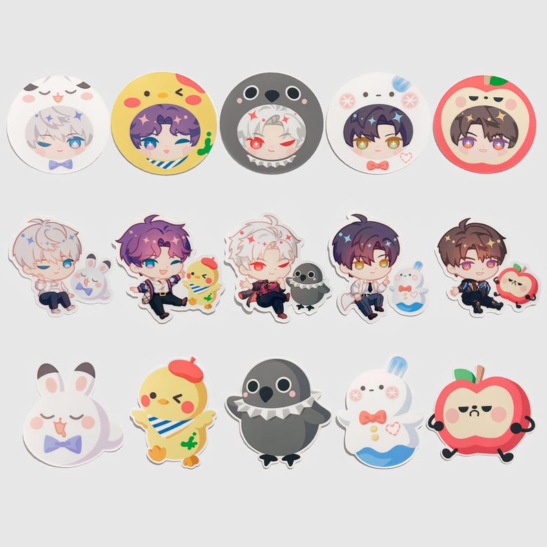 May include: A collection of colorful stickers featuring anime-style characters and animal designs. The stickers include round and die-cut shapes with various characters dressed in animal costumes, such as a bunny, chick, and penguin.