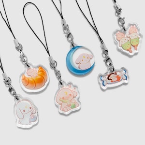 Moonbuns Phone Charms, Moon Bunny, Animals, Dango, Croissant, White Rabbit Candy, Soju