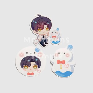 May include: Set of four stickers featuring anime-style characters. One sticker depicts a person in a white coat and black tie. The other three stickers are of white bunny-like characters with bow ties and hearts. The stickers have a light blue and pink color scheme.
