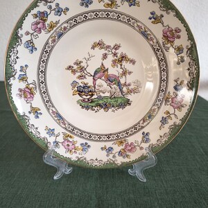 May include: A round ceramic plate featuring a central illustration of two colourful birds perched on a branch above a floral urn. The rim is decorated with a green border, intricate black geometric patterns, and scattered pink and blue flowers.