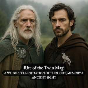 May include: Two men in cloaks, one with long white hair and a beard, the other with dark hair and a beard. The text reads "Rite of the Twin Magi" and "A Welsh Spell-Initiation of Thought, Memory & Ancient Sight."