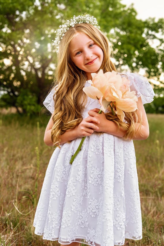 White Flower Girl Dress * Girls Lace Dress with Flutter Sleeves * Special Occasion Dress * Formal Dress for Tween Girl * Baptism Dress