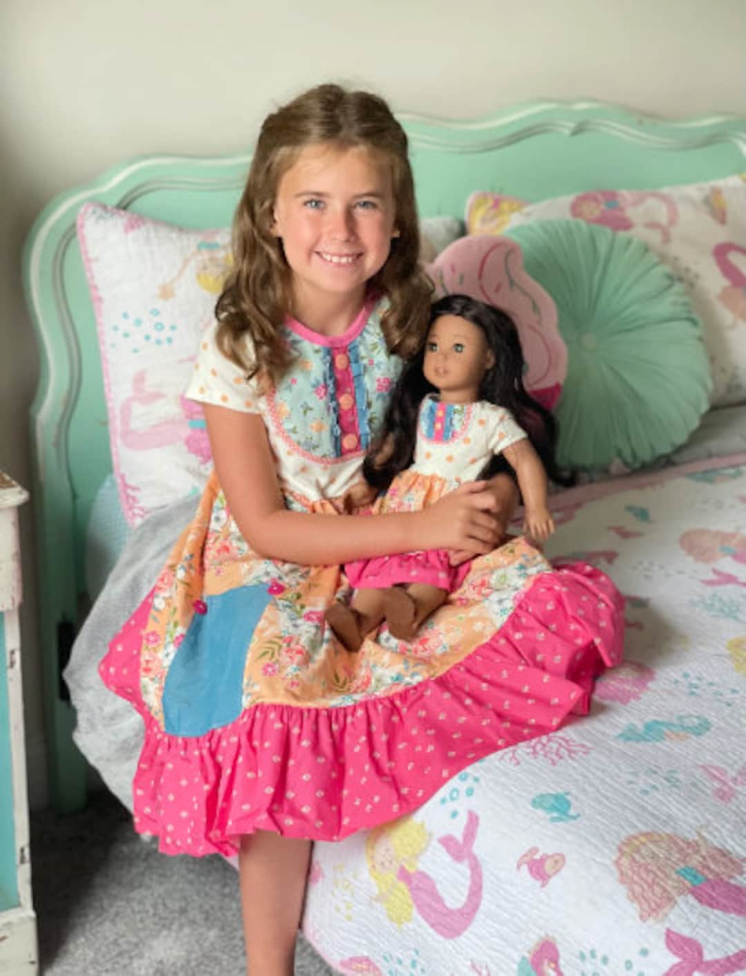 Just Peachy 18 Inch Doll Dress, Matching Doll and Girl Outfits, Handmade Doll Clothes, Girls