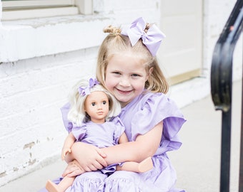 Robe de poupée de 18 pouces, tenues assorties pour poupée et fille, vêtements de poupée faits main, robe d'anniversaire de fille, robe lavande, robe d'été violet clair
